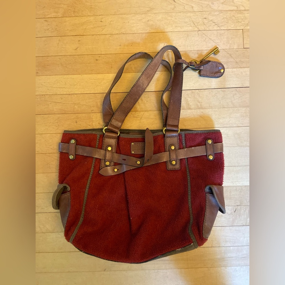 Fossil Red And Brown Tote Bag - image 1